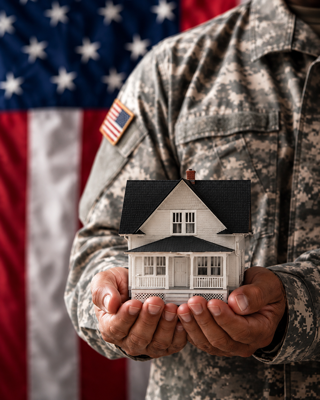 Service member holding a model home with an American flag in the background